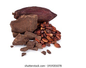 Cocoa Pod And Cocoa Beans With Chocolate Pieces Isolated On A White Background. 