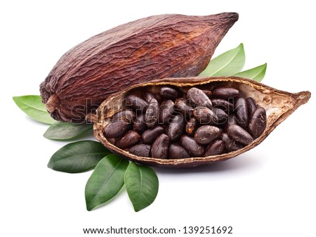 Cocoa pod with cocoa beans on a white background.