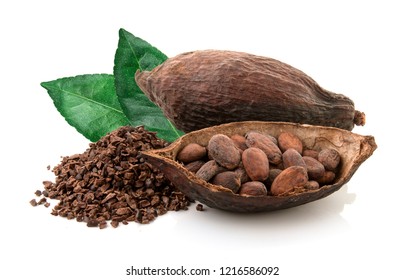 Cocoa pods and cocoa beans and cacao powder and cacao fruit with green leaves isolated on white background.