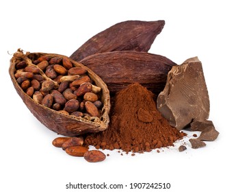 Cocoa pods and beans with cocoa powder, cocoa pieces isolated on a white background.