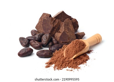 Cocoa powder with cocoa beans and cocoa mass isolated on white background. 