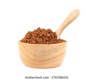 Cocoa Powder With Bowl And Wooden Spoon Isolated On White Background