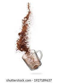 Cocoa powder up  from a glass mug on white background     