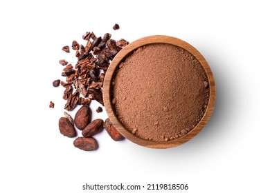 Cocoa powder in wooden bowl with cacao beans and cocoa nibs isolated on white background. Top view. Flat lay. - Shutterstock ID 2119818506