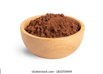 Cocoa powder in wooden bowl isolated on white background.