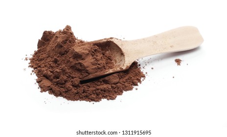 Cocoa Powder With Wooden Spoon Isolated On White Background