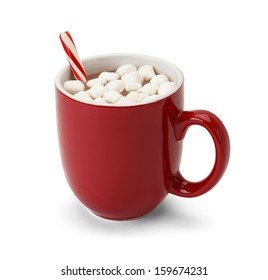 Cocoa in Red Mug with Marshmallows and Candy Cane Isolated on White Background. - Powered by Shutterstock