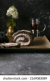 Cocoa Roulade With Mascarpone Cheese. Delicious And Delicate Cake. Cocoa Sponge Cake And White Cream With Mascarpone. Dessert Is Served.