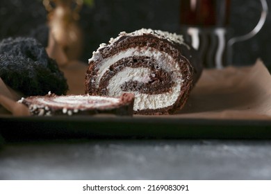 Cocoa Roulade With Mascarpone Cheese. Delicious And Delicate Cake. Cocoa Sponge Cake And White Cream With Mascarpone. Dessert Is Served.