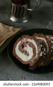 Cocoa Roulade With Mascarpone Cheese. Delicious And Delicate Cake. Cocoa Sponge Cake And White Cream With Mascarpone. Dessert Is Served.