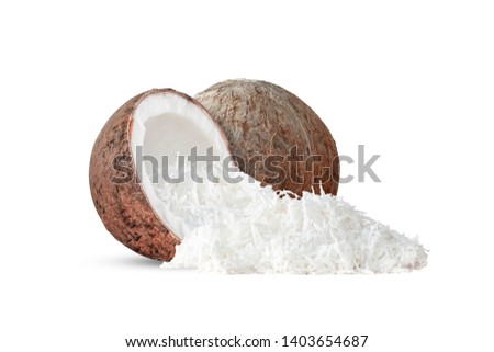 Coconut balls and Coconut Meat flakes , isolated with clipping path piled on a white background