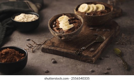 Coconut bowls with oat porridge with banana and round chocolate chips. - Powered by Shutterstock