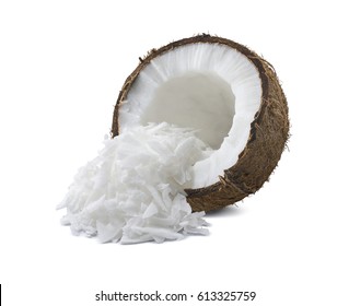 Coconut broken half shredded isolated on white background as package design element
