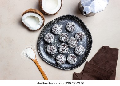 Coconut Chocolate Balls. Candy. Dessert. Vegetarian Food