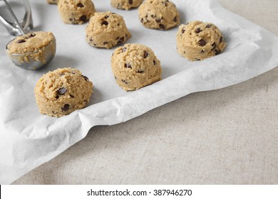 Coconut Chocolate Chip Cookie Dough On Tray, Copy Space Background