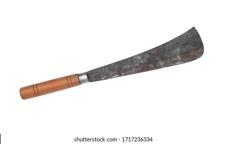 Coconut Chopping Knife (Ito) Old That Has A Wooden Handle With A Black And Rusty Steel Blade Isolated On White Background.