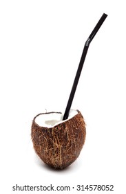 Coconut Cocktail With Black Straw Isolated On White