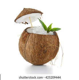 Coconut Cocktail With Ice Isolated On White Background