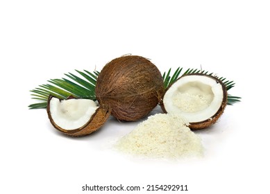 Coconut (Cocos nucifera) with halfs, white shredded flesh flakes and palm leaves on a white background with space for text