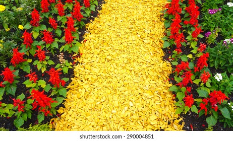 Coconut Coir Husk Fiber Surface Texture With Flowers In The Garden