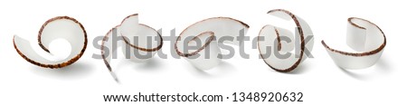 Coconut curl slices set isolated on white background. Package design element with clipping path