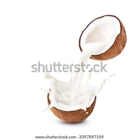Coconut cut in half with milk splash isolated on white background
