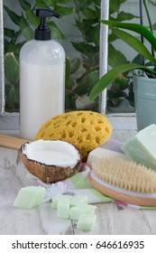 Coconut DIY Spa Day With Bath Milk, Sea Sponge And Natural Brush For Health And Beauty - Vertical