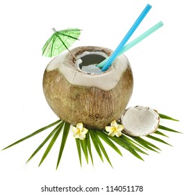 Coconut Drink With A Straw Isolated On White Background