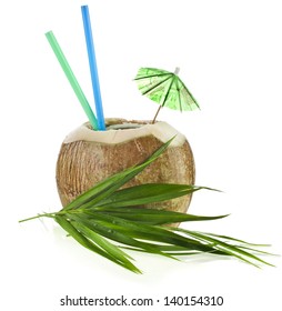 Coconut drink with a straws isolated on white background