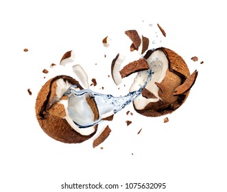 Coconut explodes into pieces isolated on white background 