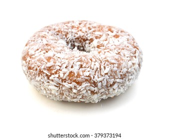  Coconut Flaked Plain Donuts Isolated On A White Background.