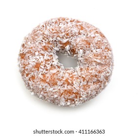 Coconut Flaked Plain Donuts Isolated On A White Background.