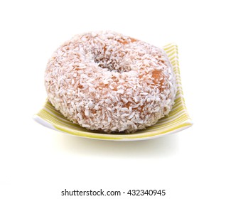 Coconut Flaked Plain Donuts Isolated In Bowl On A White Background.