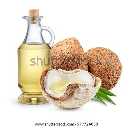 Coconut. Fresh young nuts with oil isolated on white background. Full depth of field.