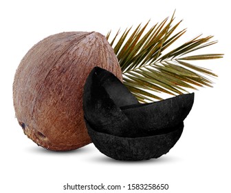 Coconut fruit and coconut charcoal isolated on white