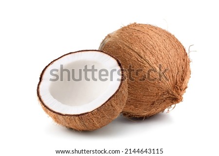 Coconut fruit with cut in half isolated on white background.