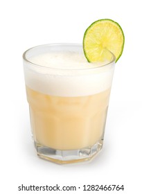 Coconut Ginger Ice Tea. Fresh Glass Cocktail Prepared With Coconut, Ginger, Beer, Wine, Ice Isolated On White Background