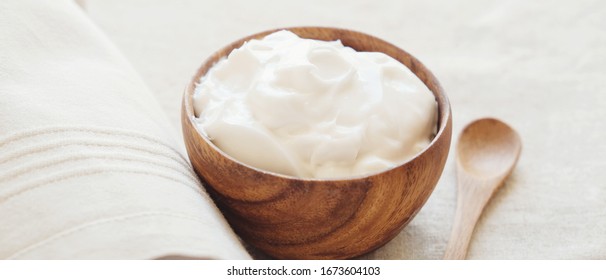 Coconut Greek Yogurt In Wooden Bowl, Dairy Free, Gluten Free, Probiotic Food For Gut Health