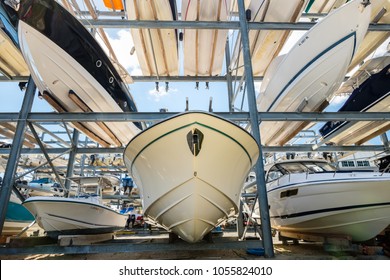 Coconut Grove, Florida USA - March 27, 2018: The Grove Harbour Marina provides indoor and outdoor boat storage facilities on Dinner Key Basin.