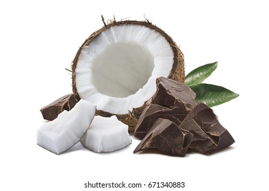 Coconut half, chocolate pieces, green leaf isolated on white background as package design element