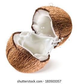 Coconut And A Half With Milk Splash On White Background