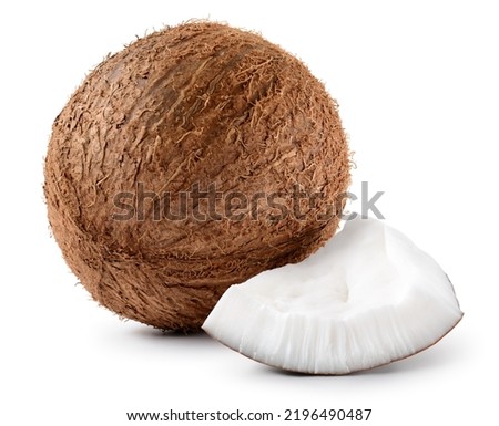 Coconut isolated. Coconut with broken piece on white background. Coconut. Coco composition with whole and slice. Full depth of field.