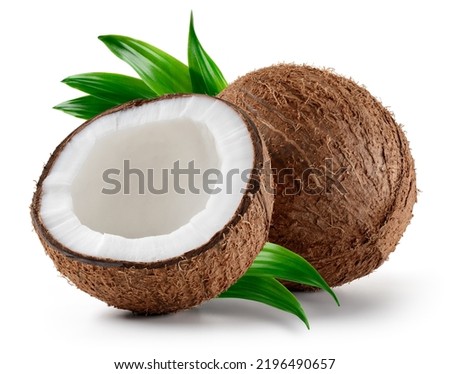 Coconut isolated. Coconuts with leaves on white background. Coconut. Coco half and leaf. Full depth of field. Perfect not AI coconut, true photo.