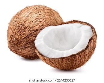 Coconut isolated. Coconut with a half on white background. Group of coconuts. Full depth of field.