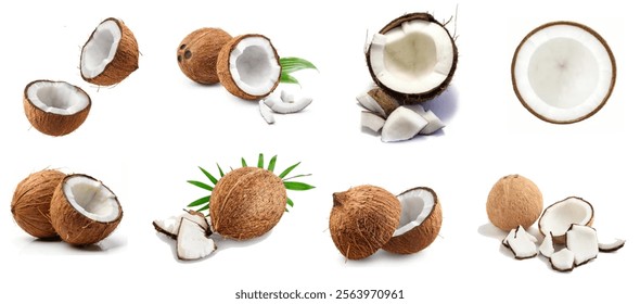 Coconut isolated set. Collection of whole coconut, half coconut and piece of coconut isolated on white background.