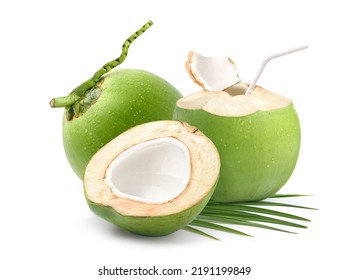 Coconut juice with fresh young coconut fruit isolated on white background.  - Shutterstock ID 2191199849