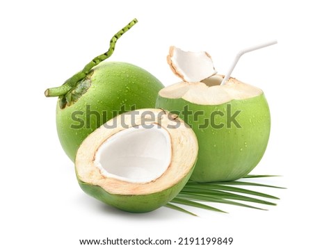 Coconut juice with fresh young coconut fruit isolated on white background. 