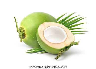 Coconut juice in half fruit isolated on white background. - Shutterstock ID 2155552059