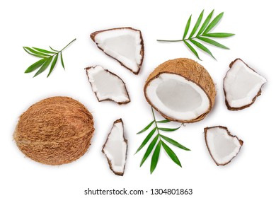 Coconut With Leaves Isolated On White Background. Top View. Flat Lay