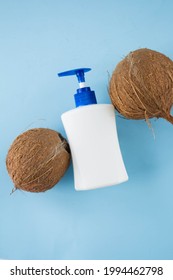 Coconut Liquid Soap In The Plastic White Bottle, Hand Washing. 